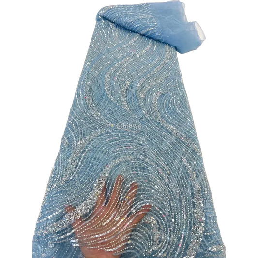 Sequined Swirl Embroidery on Sheer Mesh with Iridescent Highlights and Wave Pattern Detailing Sky Blue / 5 Yards