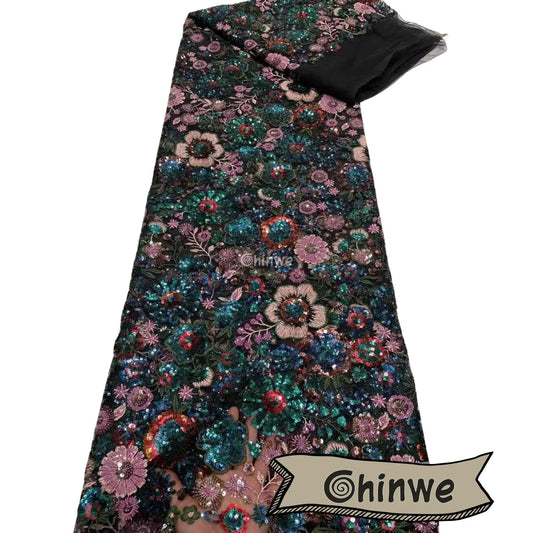 Sequin Floral Embroidery Lace Fabric – Luxury Organza Mesh for Gown & Occasion Dresses
