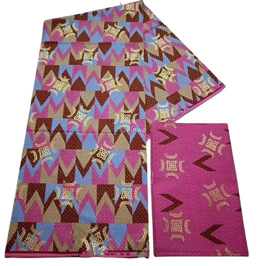 Pink Brown & Blue Kente Brocade with Adinkra Motif and Chevron Stripe Pattern in Gold Shimmer Blush Clay Kente / 6yards