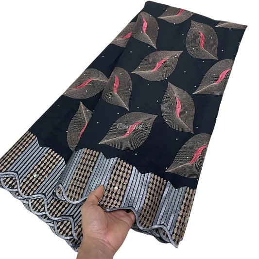 Teal Lagoon & Turquoise Splash Leaf Motif with Striped Scallop-Edge Print Fabric