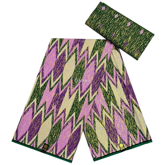 Lilac Green & Ivory Kente Brocade with Jagged Flame Motif and Gold Metallic Accents Lilac Forest Kente / 6yards African