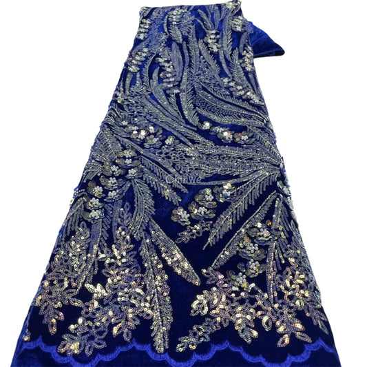Velvet Lace Fabric with Sequins Beaded Fern Vines & Floral Embroidery Scalloped Edge Design Lace