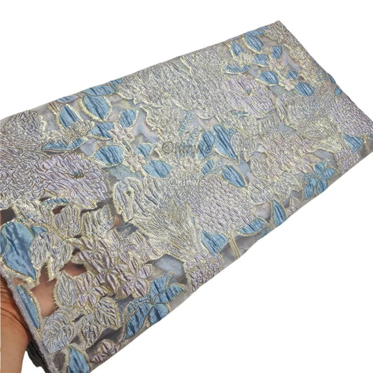 Jacquard Brocade Embroidered Floral Lace Fabric with Metallic Sheen on Sheer Mesh Base