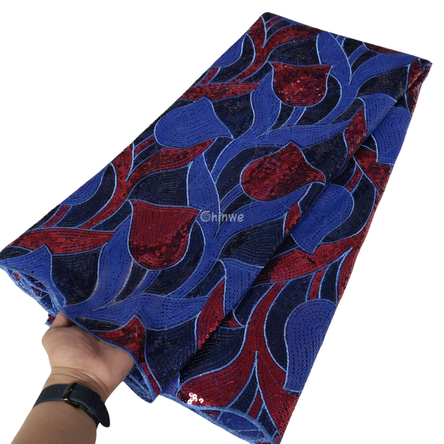 Sheer Mesh Tulip Petal Sequin Lace Print Fabric with Overlapping Curved Petal Appliqués Navy & Crimson Tulip-Petal Lace