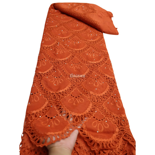Embroidered Eyelet Lace Fabric with Scalloped Petal Motif and Sparkle Embellishments Terracotta Orange Sparkle Eyelet