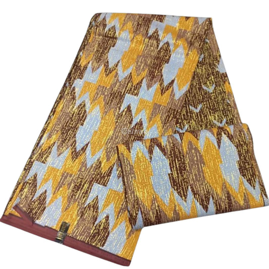 Golden Dusk Ember Kente Brocade Fabric in Cocoa Brown Sky Blue & Gold Metallic Golden Dusk Ember / 6yards African Wax