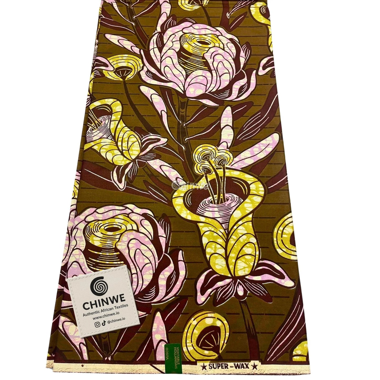 Burnt Sienna Botanical Print with Lilac Roses, Yellow Bell Flowers & Linear Background Pattern