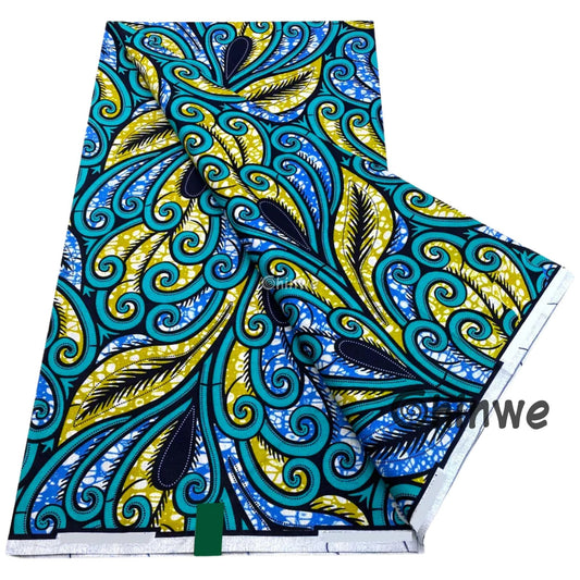 Teal and Yellow Scroll Leaf Motif on Blue Batik Print with Curved Lines & Feathered Accents Wax Cloth