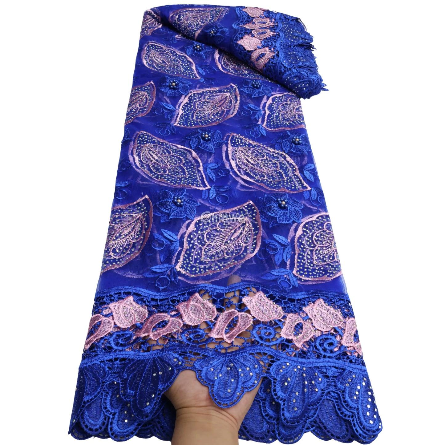 Two-Tone Leaf Motif Sequined Lace Fabric on Sheer Mesh Base with Pearlescent Beaded Details Royal Blue & Blush Pink