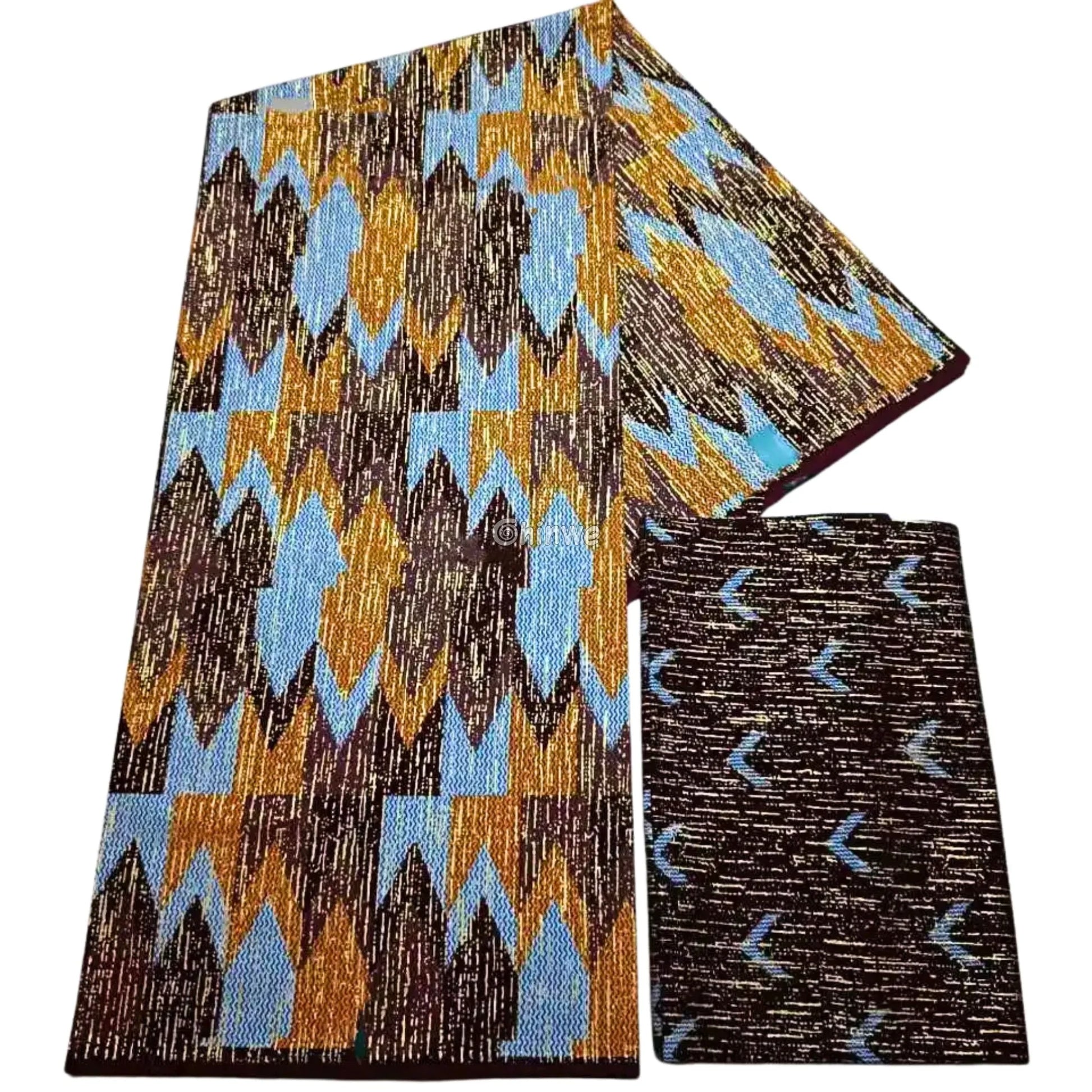 Brown Gold & Blue Kente Brocade with Flame Chevron Motif and Shimmering Metallic Detail Desert Ember Kente / 6yards