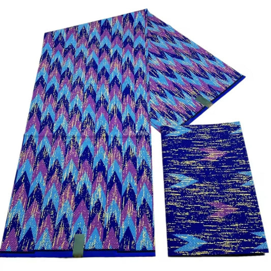 Turquoise Purple & Blue Kente Brocade with Flame Chevron Motif and Metallic Gold Detailing Electric Indigo Kente