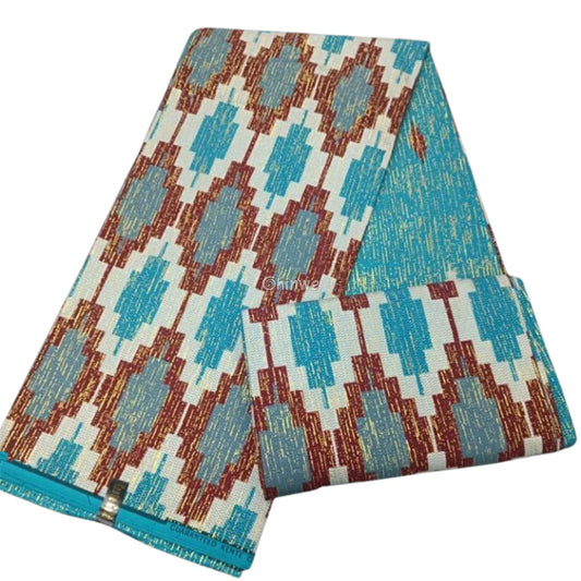 Turquoise Burgundy & Cream Kente Brocade with Block Pattern and Metallic Thread Overlay Turquoise Brick Kente / 6yards