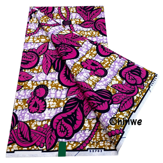 Magenta Vine & Leaf Print on Lilac and Gold Batik Texture with Beaded Motif Accents, African Wax Cloth