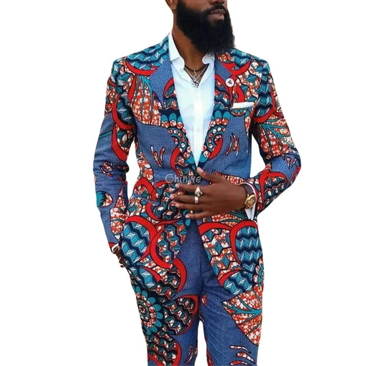 Two Piece Slim Fit African Wax Suit Custom Tailored Blazer & Trousers Set Men’s Clothing