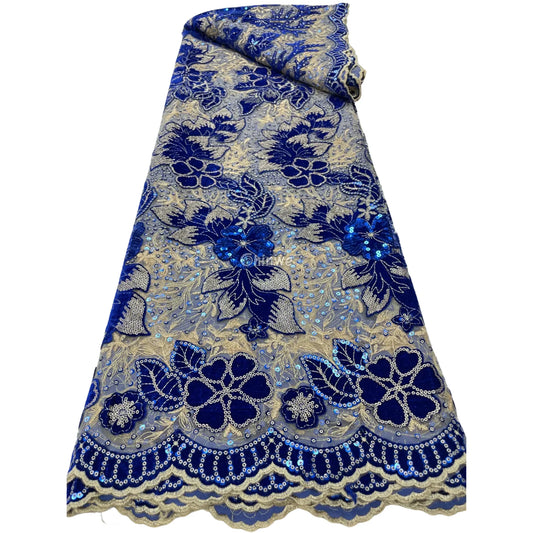 Champagne Mesh Floral Velvet Appliqué Sequined Lace Fabric with Scalloped Floral Edge Royal Blue & Champagne Velvet