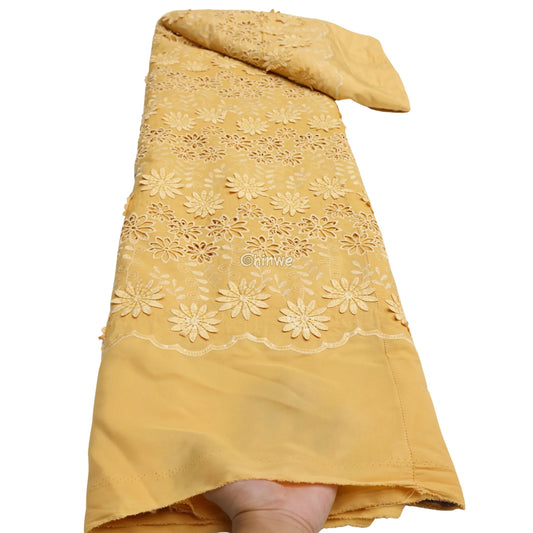 Three-Dimensional Floral Appliqué Embroidered Lace with Scalloped Edge & Sequin Accents Golden Mustard / 5 Yards