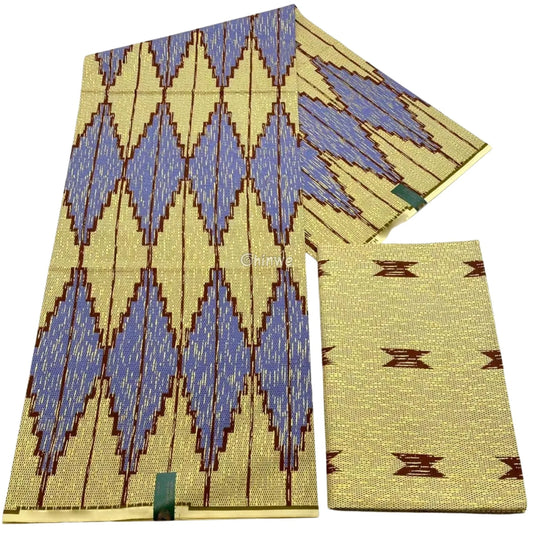 Cream Blue & Brown Kente Brocade with Vertical Flame Motif and Light Metallic Detailing Sahara Sky Kente / 6yards