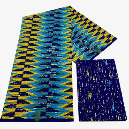 Ocean Ray Metallic Brocade Fabric – Navy Aqua & Yellow Chevron Kente Design PEACOCK BLUE / 6yards African Wax Print