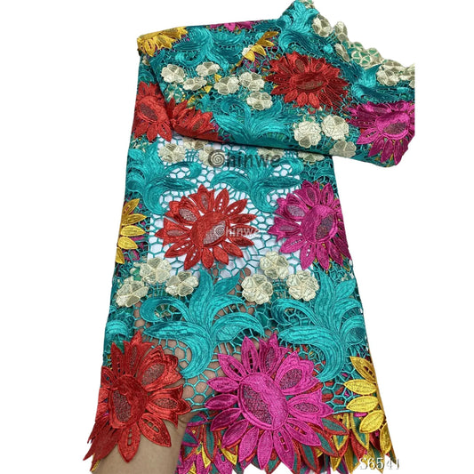 Multicolor Floral Embroidered Guipure Lace with 3D Bloom Overlay & Scalloped Edge Detailing, African Water Soluble Lace Fabric, Guipure Cord Lace Fabric