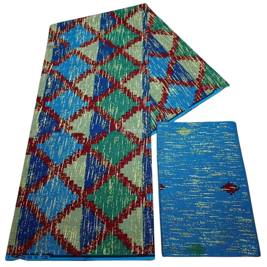 Blue Green & Red Kente Brocade with Diamond Grid Motif and Gold Metallic Threading Sapphire Grids Kente / 6yards