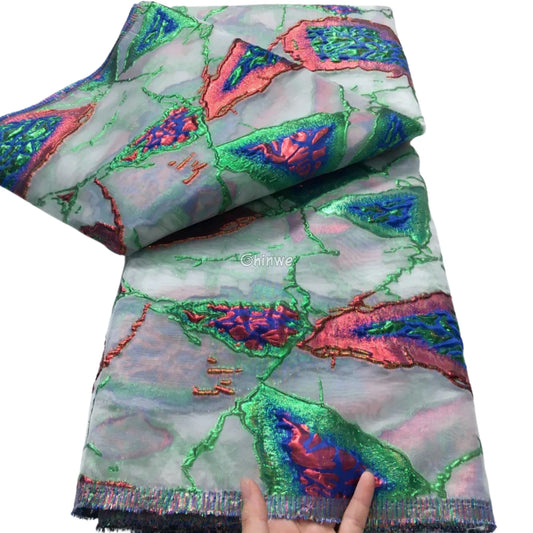 Jacquard Brocade Lace with Abstract Shard Motif and Lustrous Metallic Sheen for Couture Crafts Mint Aurora Shard / 5