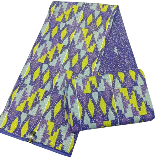 Purple, Yellow & Mint Kente Brocade with Geometric Panel Motif and Shimmering Metallic Texture