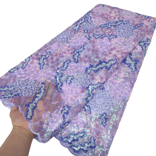 Lilac & Sky Blue Abstract Floral & Vine Sequin Lace Embroidery Mesh Print Fabric Lavender & Sky Blue Floral Sequin Lace