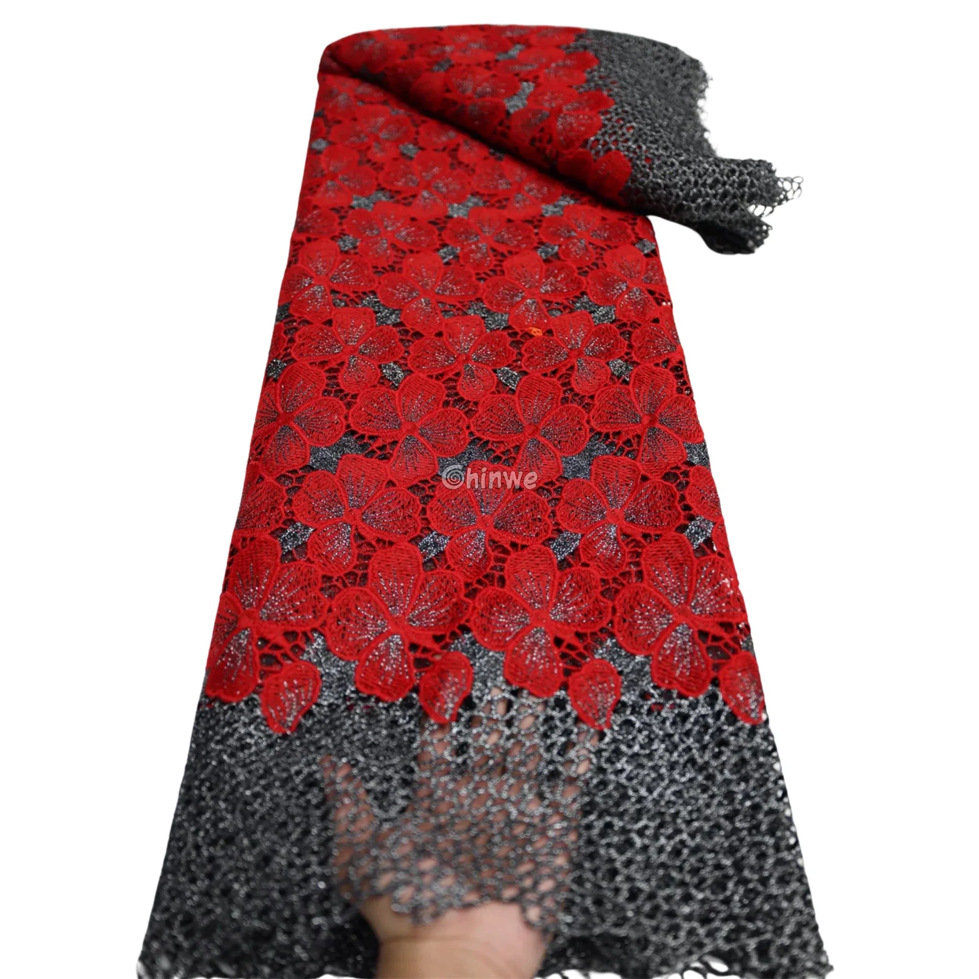 Multicolor & Metallic Corded Guipure Lace Fabric Featuring Embroidered Blossom Motifs & Sequin Accents Crimson Red &