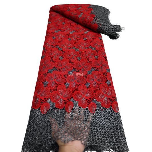 Multicolor & Metallic Corded Guipure Lace Fabric Featuring Embroidered Blossom Motifs & Sequin Accents Crimson Red &