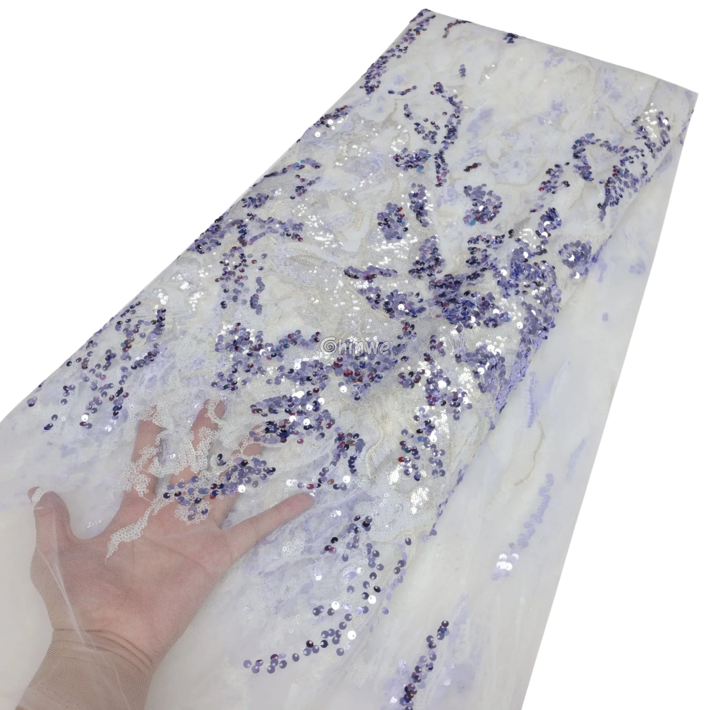 Lilac & Silver Abstract Swirl Sequin Lace Fabric with Floral Embroidery Motif and Sheer Mesh Lilac & Silver Abstract