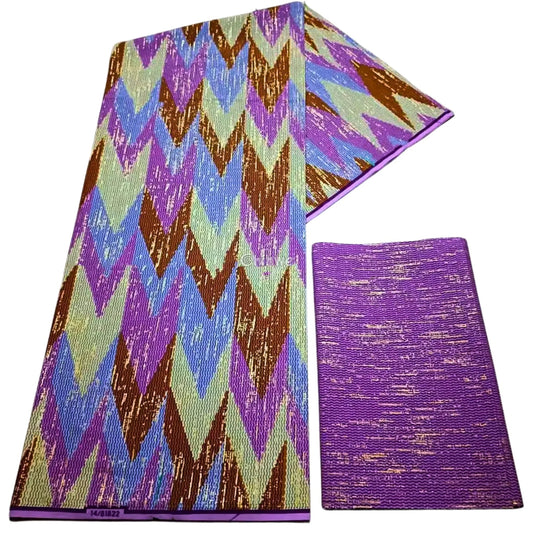 Lilac Cream & Brown Kente Brocade with Chevron Arrow Motif and Gold Metallic Highlights Dusty Orchid Kente / 6yards Lace