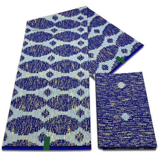Navy & Sky Blue Kente Brocade with Wave-Inspired Motif and Gold Metallic Shimmer Detail Ocean Rhythm Kente / 6yards
