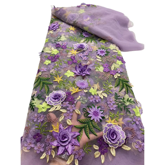 3D Floral Appliqué Lace on Sheer Mesh Raised Embroidered Flowers and Leaves Lavender Dream Purple / 5 yards Lace