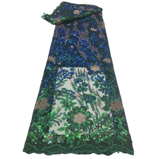 Embroidered Floral Sequin Mesh Lace with 3D Petal Motif & Iridescent Shine on Soft Tulle Teal & Emerald Swirl / 5 Yards