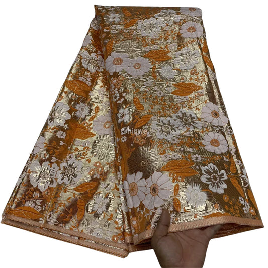 Pumpkin & Glacial Silver Floral Jacquard Brocade with Raised Metallic Threads for Luxe Evening Wear Radiant Pumpkin &