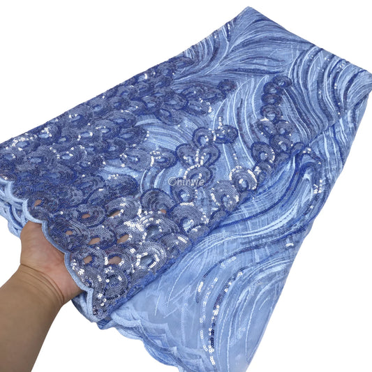 Emerald Green & Sky Blue Swirl-Vine & Wave Sequined Lace Mesh Fabric Sky Blue Swirl Lace / 5 Yards / 120cm Lace
