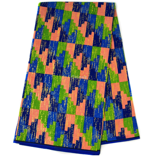 Blue Green & Pink Kente Brocade with Pixel Mosaic Triangles and Gold Metallic Accents Lagoon Mosaic Kente / 6yards