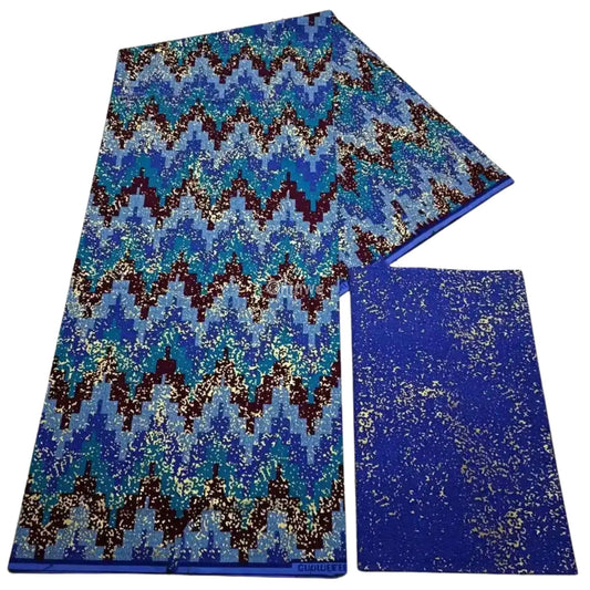 Blue, Teal & Burgundy Kente Brocade with Pixel Chevron Pattern and Gold Splatter Texture