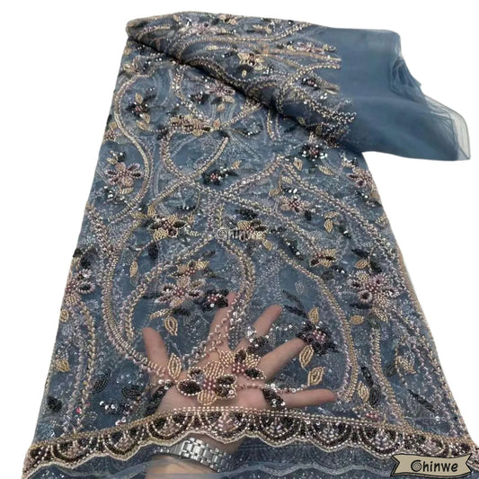 Sequin Embroidered Tulle Lace with Floral Vines & Beaded Edge Motif, Sheer Layered Texture