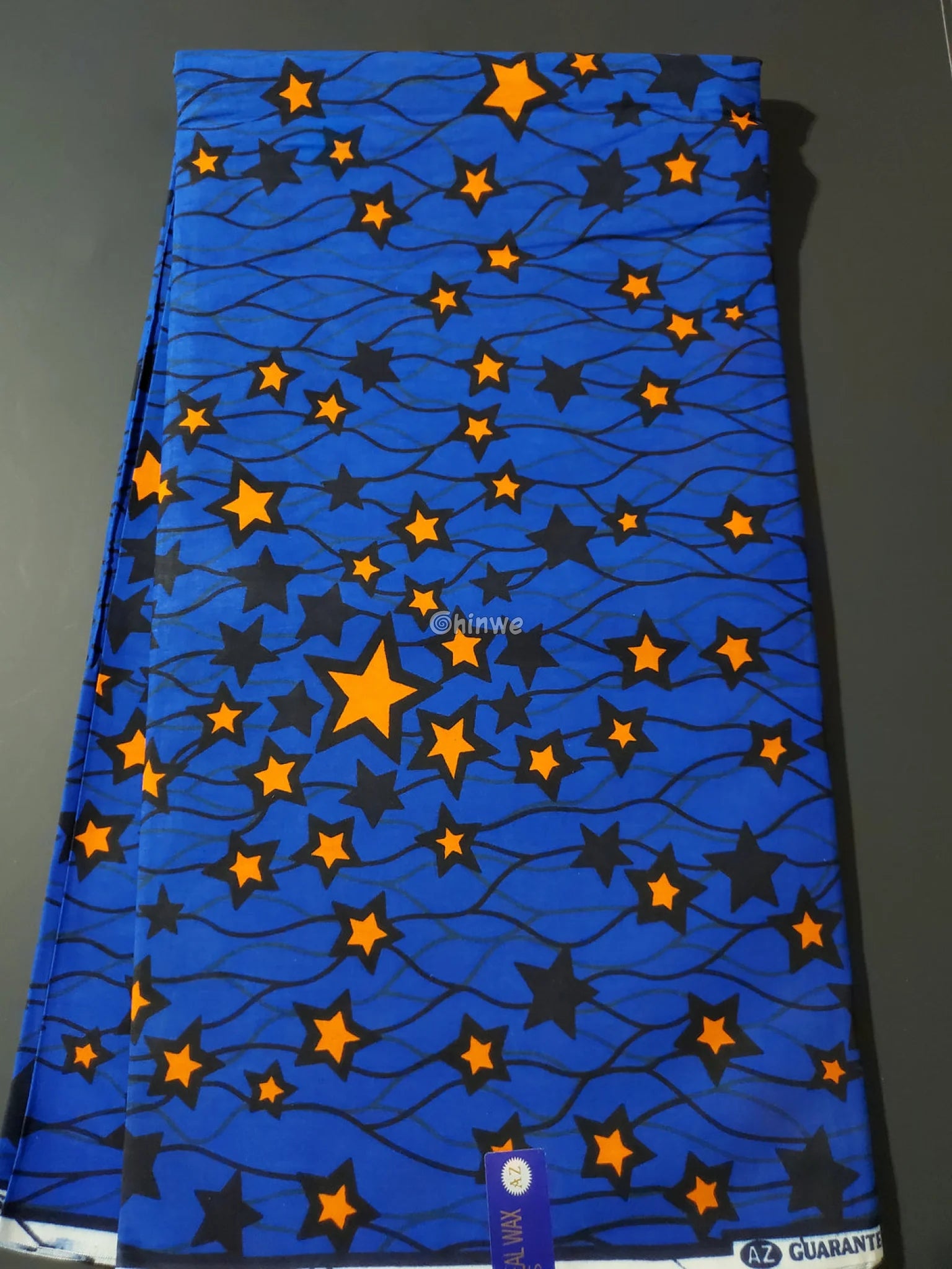 Midnight Blue Starburst Fabric – Orange and Navy Star Pattern Wax Print 6 Yards African Wax Print Fabric