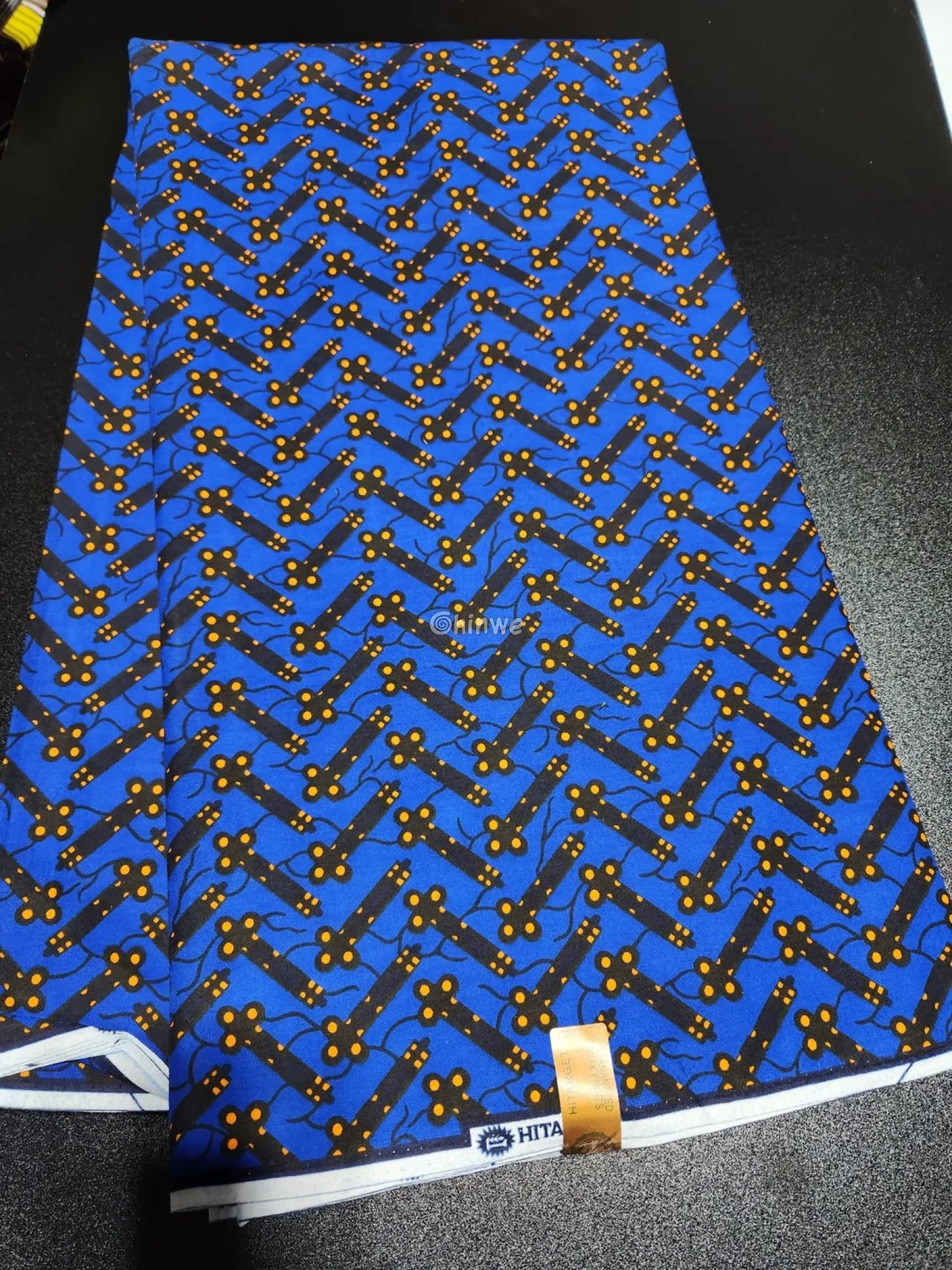 Cobalt Blue & Black Bar and Orange Dot Ankara Wax Print Fabric 6 yards cotton