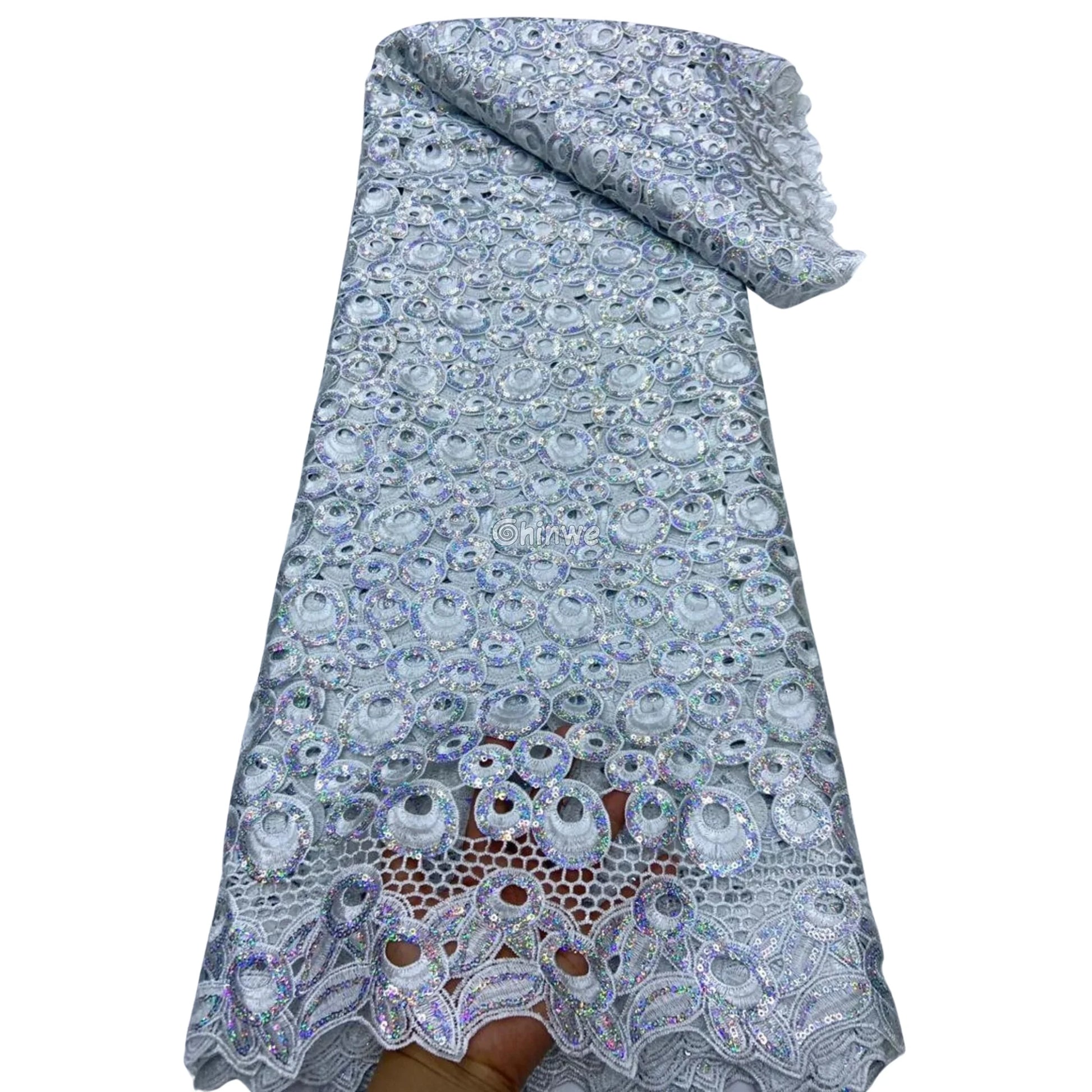 Vibrant Multi-Tone & Holographic Circular Sequins Print Guipure Cord Lace Fabric for Bridal & Couture Gowns Lace Fabric