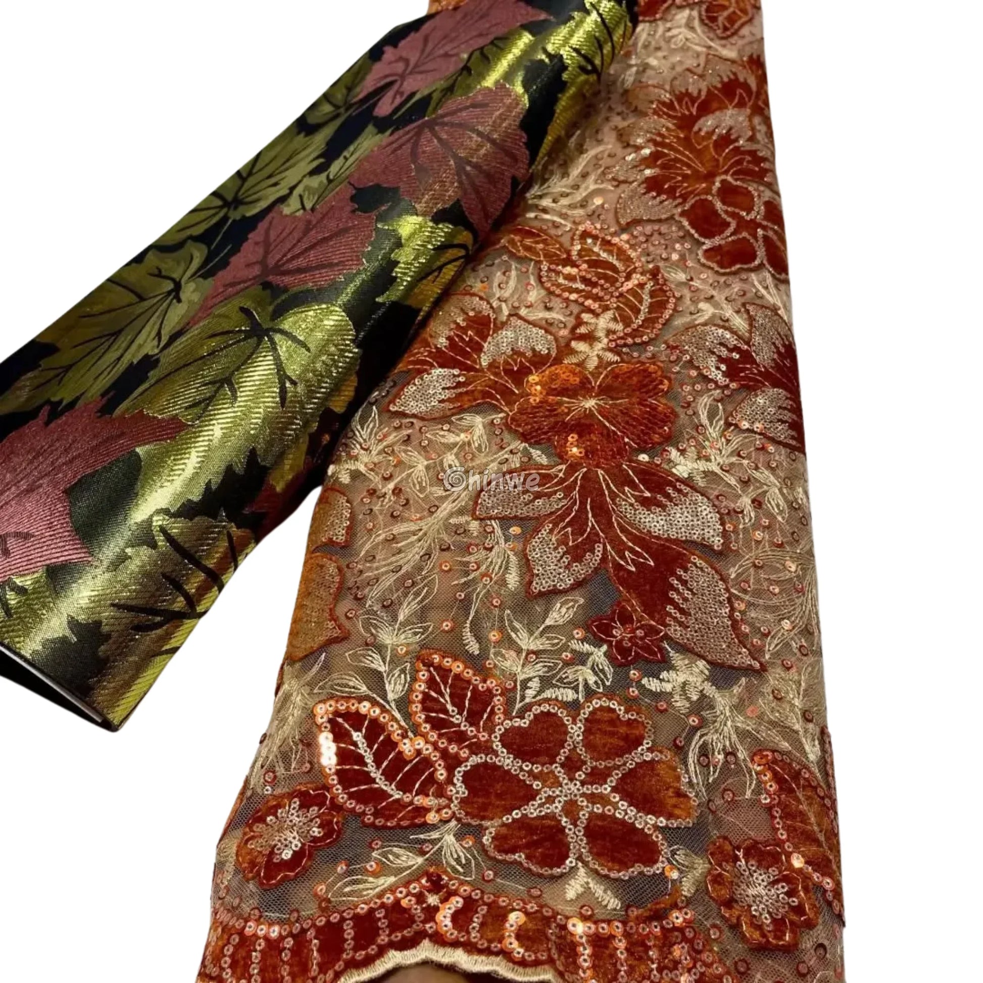 Champagne Mesh Floral Velvet Appliqué Sequined Lace Fabric with Scalloped Floral Edge