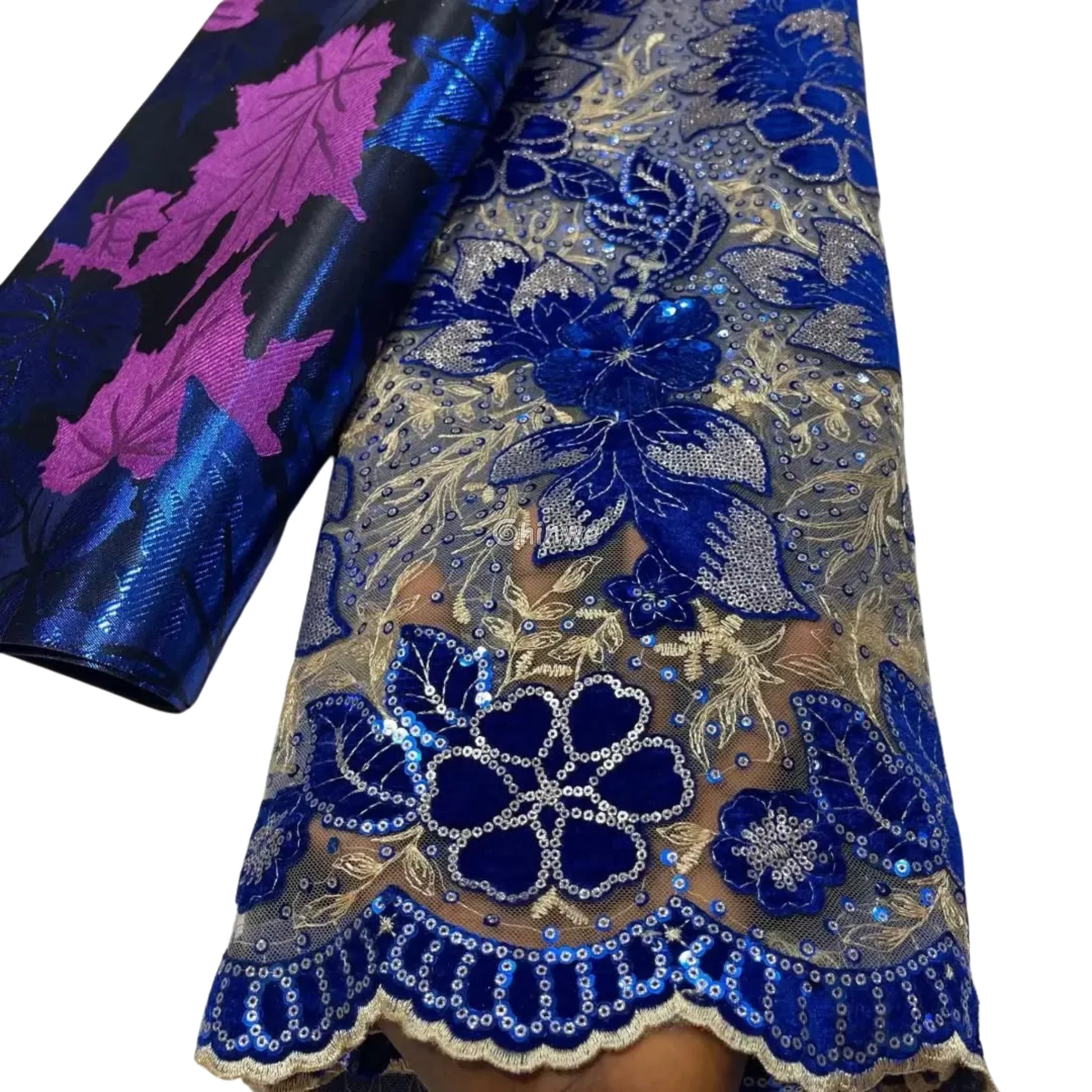 Champagne Mesh Floral Velvet Appliqué Sequined Lace Fabric with Scalloped Floral Edge