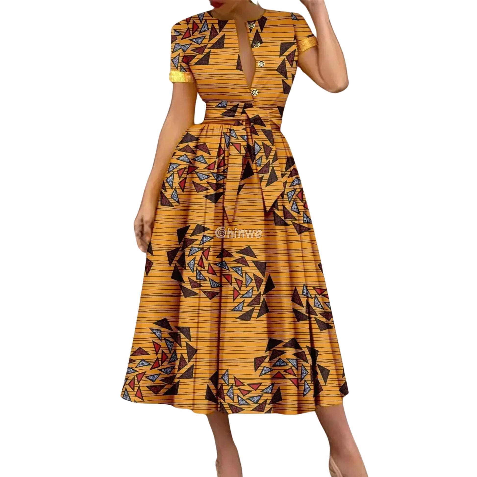 Ada Midi Belted Ankara Dress in Electric Garden Amber Spiral / Customized Women’s Clothing