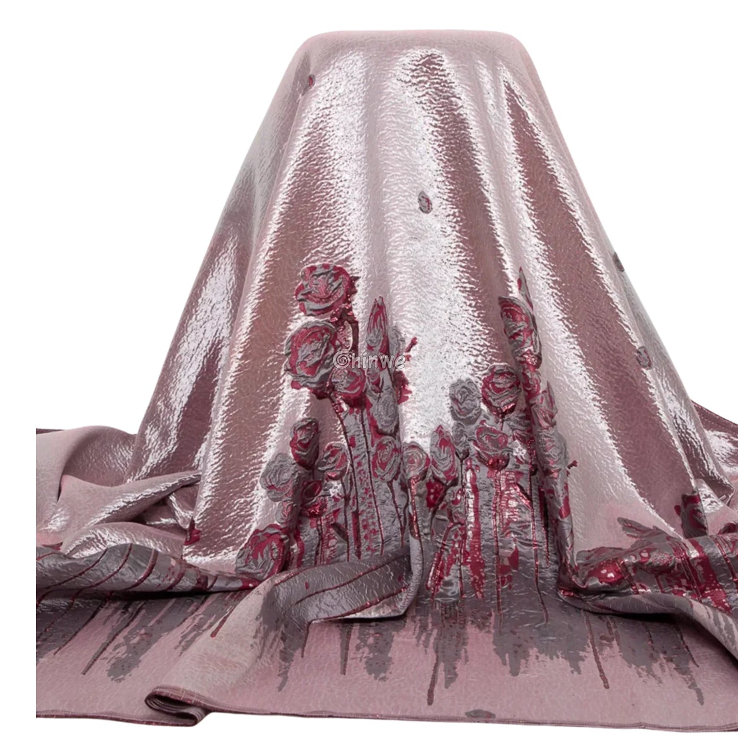 3D Rose Drip Embroidered Brocade Fabric – Floral Metallic Jacquard with Textured Sheen