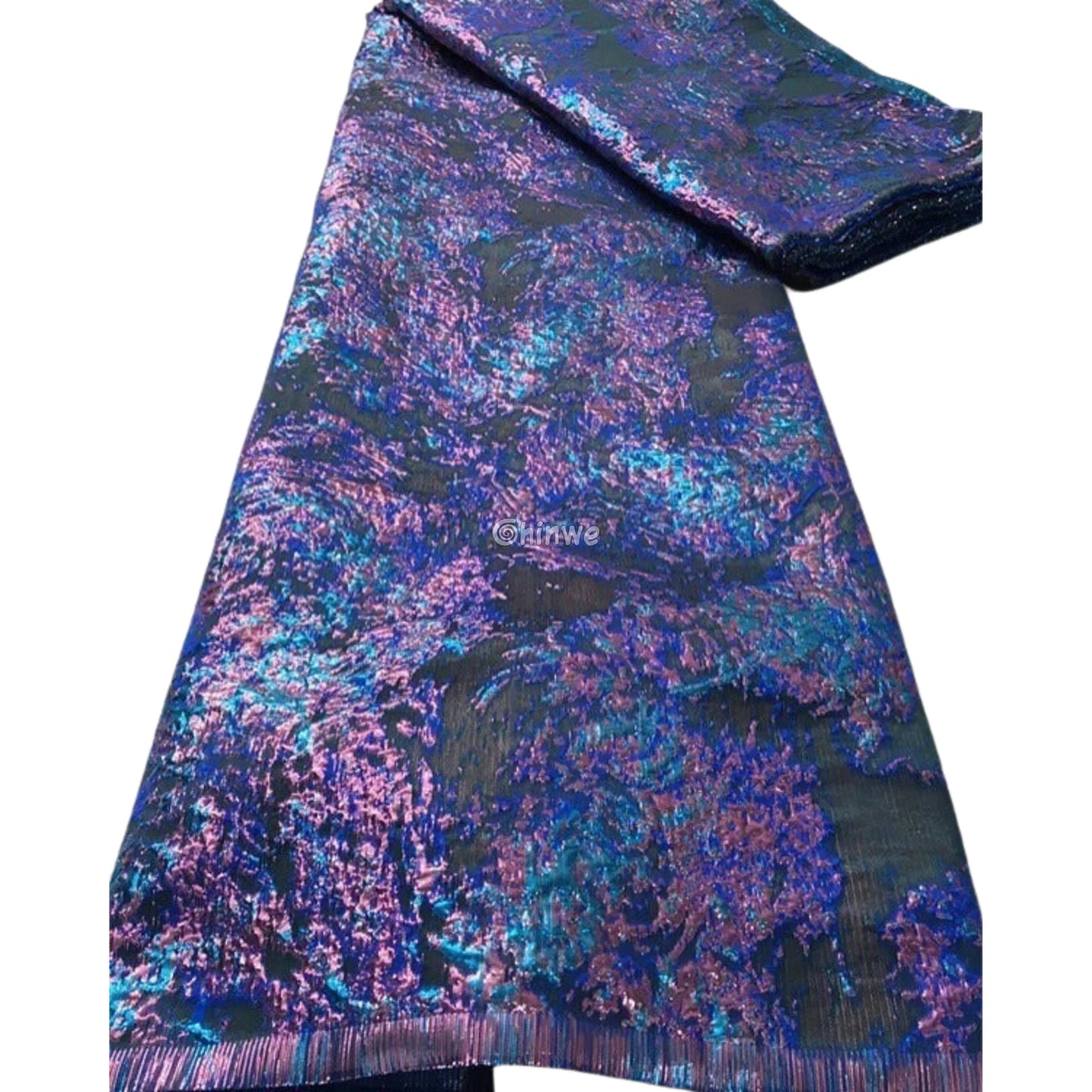 Holographic Crinkle Foil Brocade Fabric – 3D Metallic Texture with Multicolor Reflective Shine Sapphire Floral Splash
