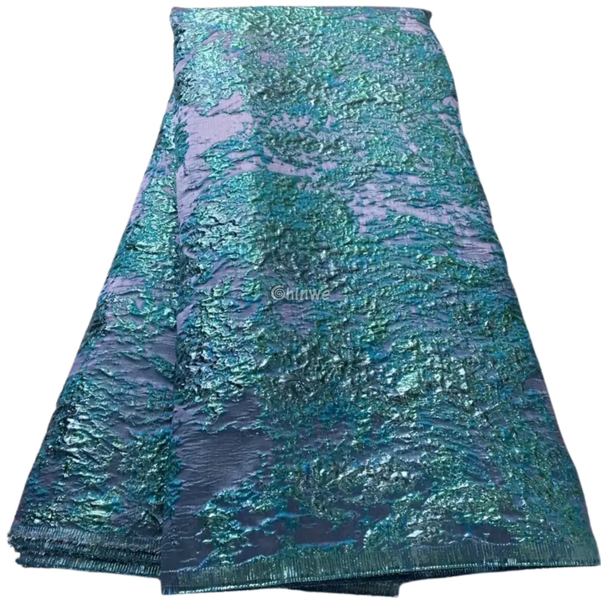 Holographic Crinkle Foil Brocade Fabric – 3D Metallic Texture with Multicolor Reflective Shine Ocean Blue Abstract