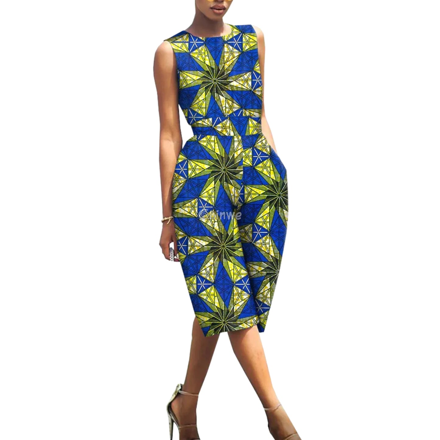 Relaxed Fit Sleeveless Wax Ankara Jumpsuit Resort Bloom - Blue Pinwheel Burst / Customized - Women’s Clothing