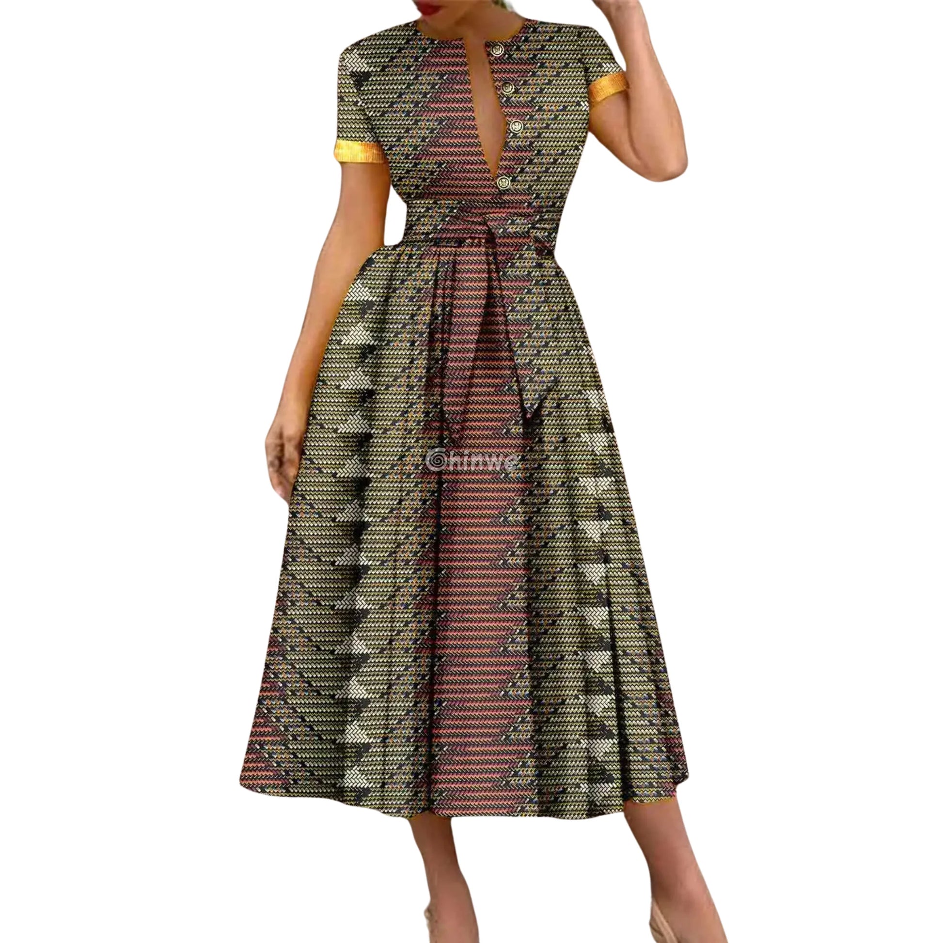 Ada Midi Belted Ankara Dress in Electric Garden Earth Mirage / Customized Women’s Clothing